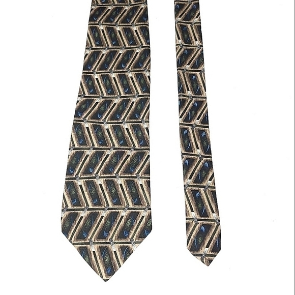 100% Silk Made in the USA Geometric Patterned Brown Traditional Long Neck Tie - Picture 1 of 12